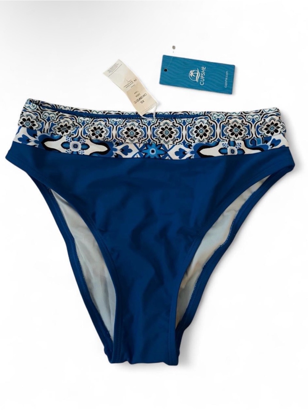 Cupshe Royal Blue High-Waist Bikini Bottom with Tile-Print Waistband XS